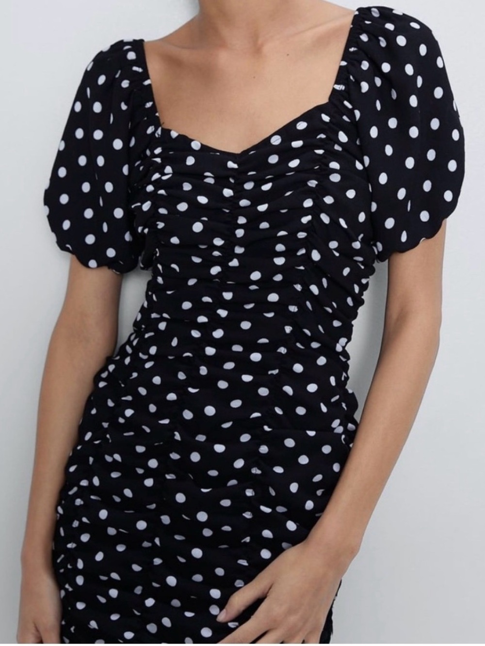 Zara Black Polka Dot Ruched Mini Dress women medium